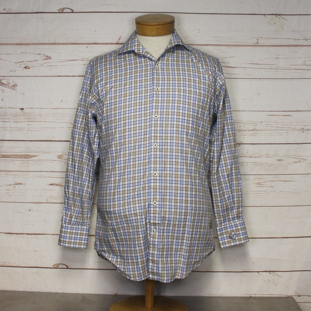 Peter Millar Crown 100% Cotton Blue Tan Checked Box Button Down Shirt Medium